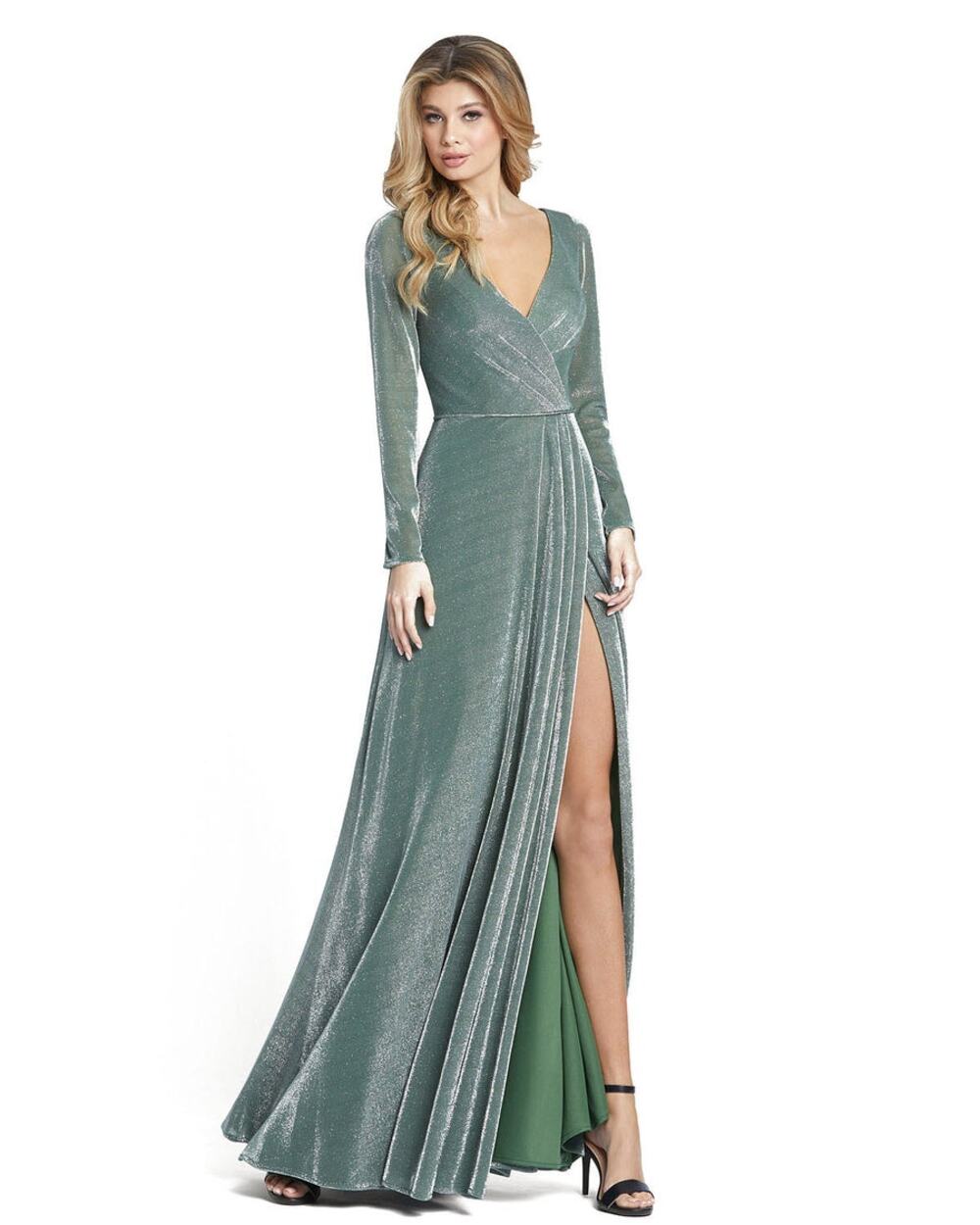 NWT Mac Duggal Ieena Plus Size 14 Gown 49088 Faux Wrap Shimmery Green Formal